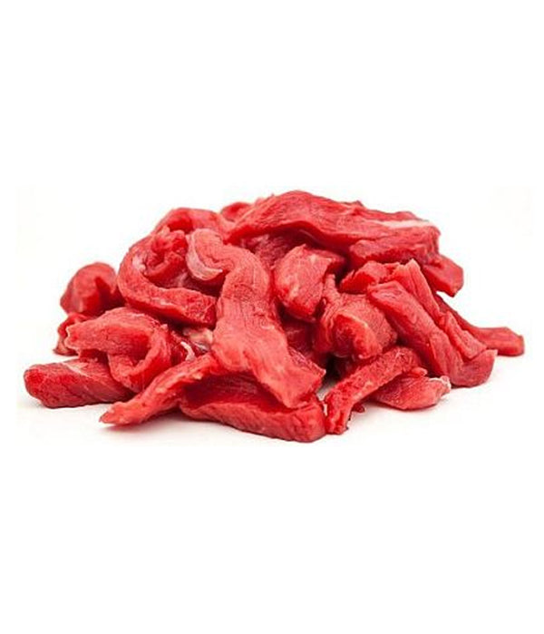 A pile of raw, red-colored beef sirloin tip roast strips.