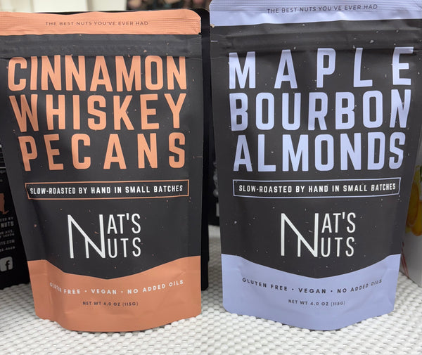 2 bags of Nats Nuts 4oz each. Cinnamon Whiskey Pecans, Maple Bourbon Almonds. The Best Nuts You've Ever Had