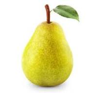 A single fresh pear with a stem and a leaf attached, isolated on a white background.