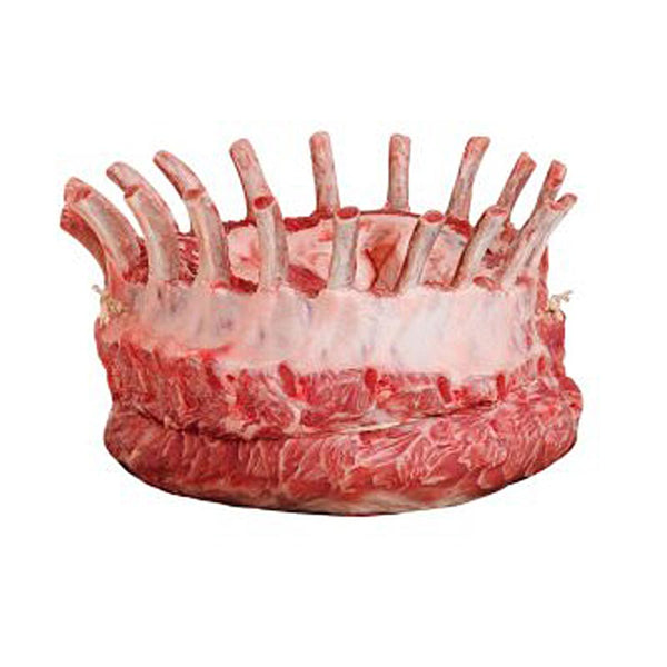 A roast of pork with multiple ribs, sliced in half to show the interior.