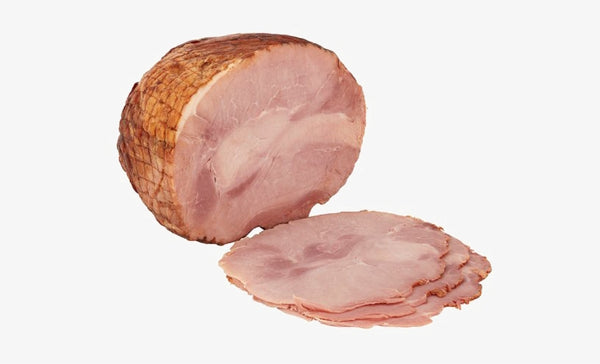 A picture showing a half-slice of honey ham with a few slices cut from it, displaying the pink interior and the browned outer edge.
