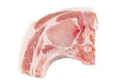 A single, center-cut loin pork chop on a white background.