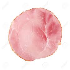 A single slice of smoked ham, bone in, with a pinkish color and visible fat layers.