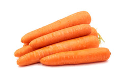 A pile of whole, fresh carrots on a white background.
