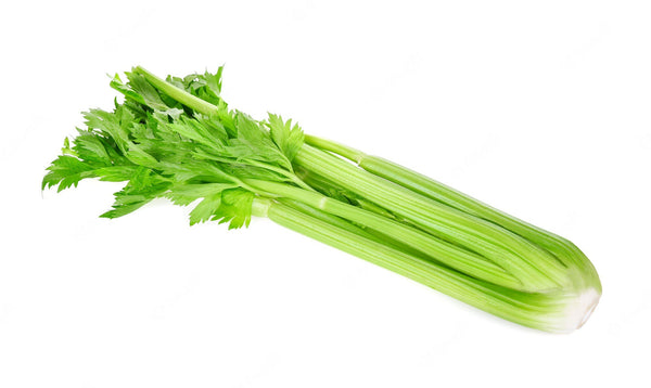 Fresh celery on a white surface.