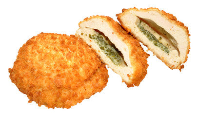 An image showing two pieces of breaded chicken kiev, one of which is cut in half to show the filling of cold garlic butter and parsley.