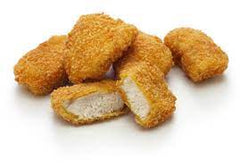 Five  pieces  of breaded chicken nuggets on a white background.