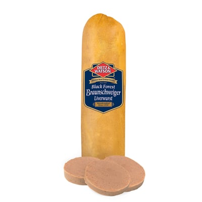Dietz & watson liverwurst wrapped in plastic wrap with three slices resting next to large piece on white background