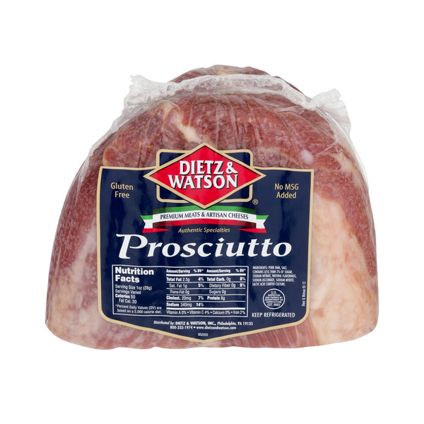Packaged prosciutto meat from Dietz & Watson brand, labeled as gluten-free and no MGAs.