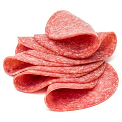 Stack of sliced German salami on a white background