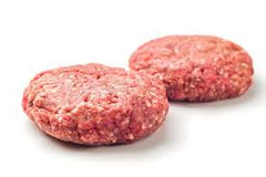 Two raw ground round patties on a white background