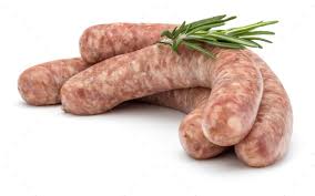 A photograph showing a group of fresh sausages with one of them partially sliced to reveal the interior, garnished with a sprig of rosemary.
