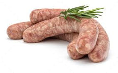 A photograph showing a group of fresh sausages with one of them partially sliced to reveal the interior, garnished with a sprig of rosemary.