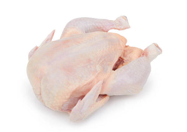 A whole, raw chicken on a white background