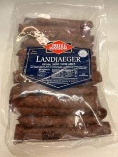 Packaged Landjaeger sausages in a plastic wrapping with a blue and white label displaying the product name and brand, Dietz & Watson.