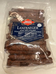 Packaged Landjaeger sausages in a plastic wrapping with a blue and white label displaying the product name and brand, Dietz & Watson.
