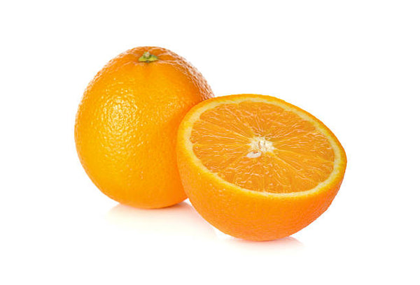 One full orange and one cut open orange next to one another with white background. 