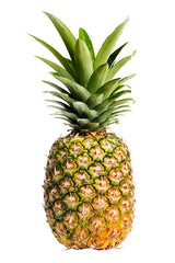 A single pineapple with a green top and ripe, yellow-green flesh.
