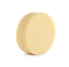 A round piece of provolone cheese on a white background.