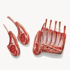A rack of lamb, consisting of several rib cobs with attached meat, displayed on a white butcher paper.