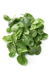 A pile of fresh green spinach leaves on a white background.