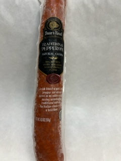 tradition pepperoni stick Boar brand on a white surface.
