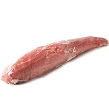 A whole roast beef tenderloin on a white background, showing the meat's pink color and trimmed fat.