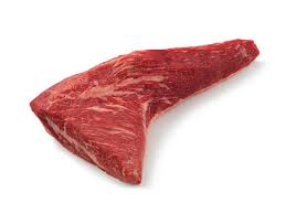 A single slice of raw beef tri-tip roast meat on white butcher paper