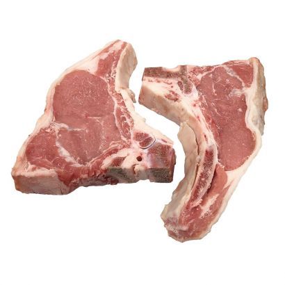 Two veal rib chops with visible bone and meat, separated by a white background.