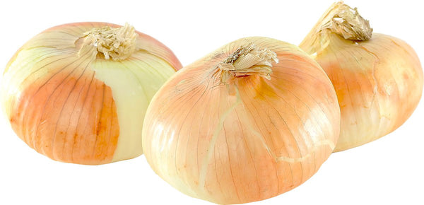 Three fresh Vidalia onions with a purple hue and a glossy outer skin.